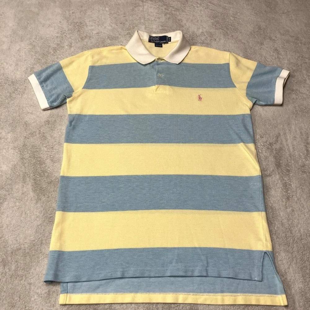 Vintage 80s Polo Ralph Lauren Pique Polo Shirt Yellow Blue Striped Mens Medium